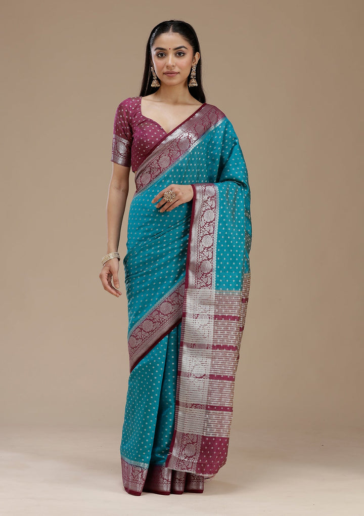 Turquoise Blue Zariwork (Silver) Tussar Silk Saree_koskii