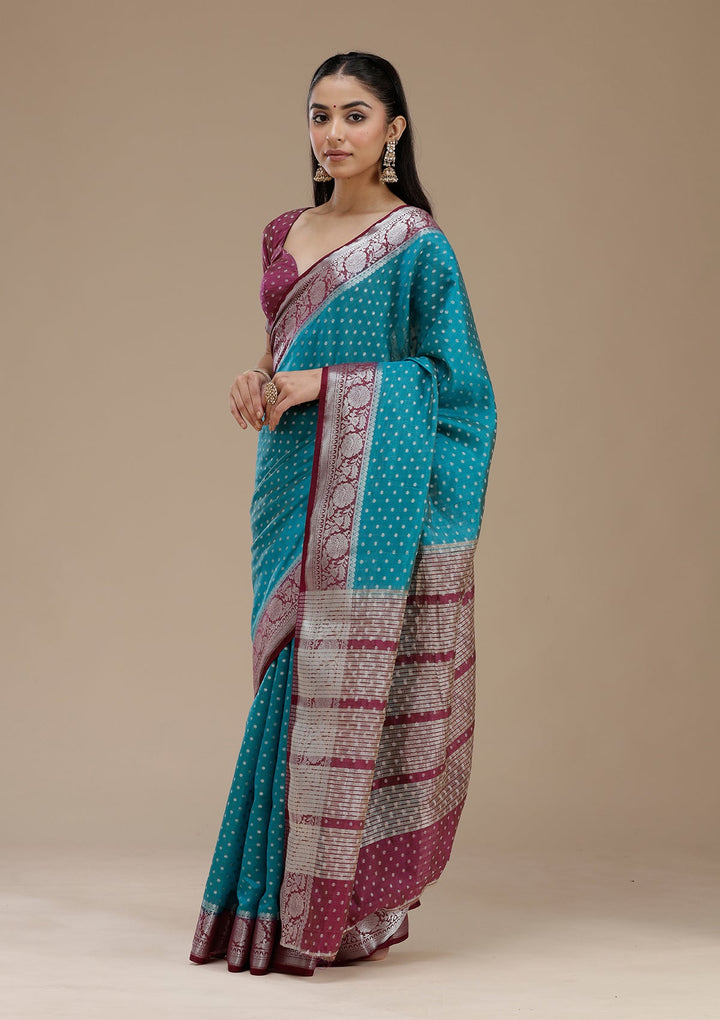 Turquoise Blue Zariwork (Silver) Tussar Silk Saree_koskii