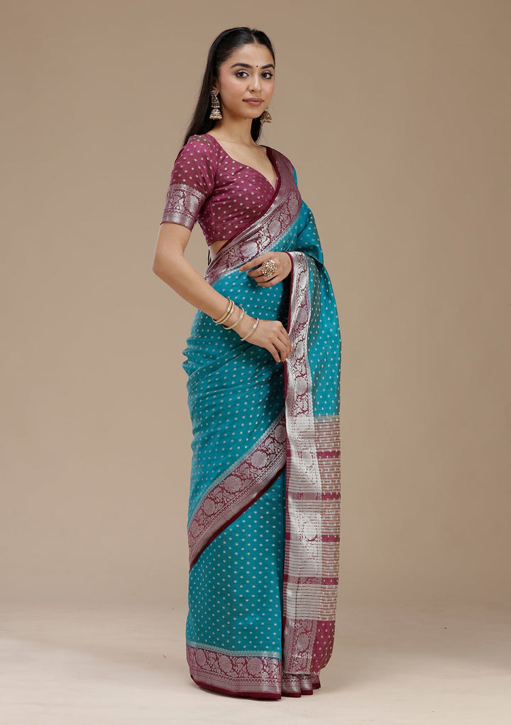 Turquoise Blue Zariwork (Silver) Tussar Silk Saree_koskii