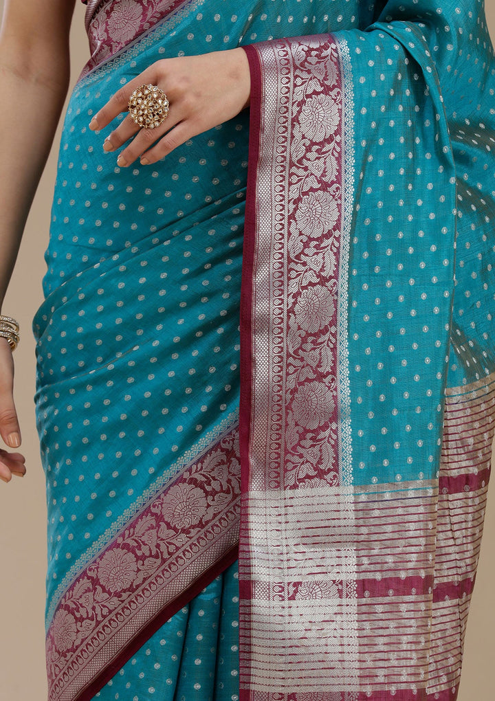 Turquoise Blue Zariwork (Silver) Tussar Silk Saree_koskii