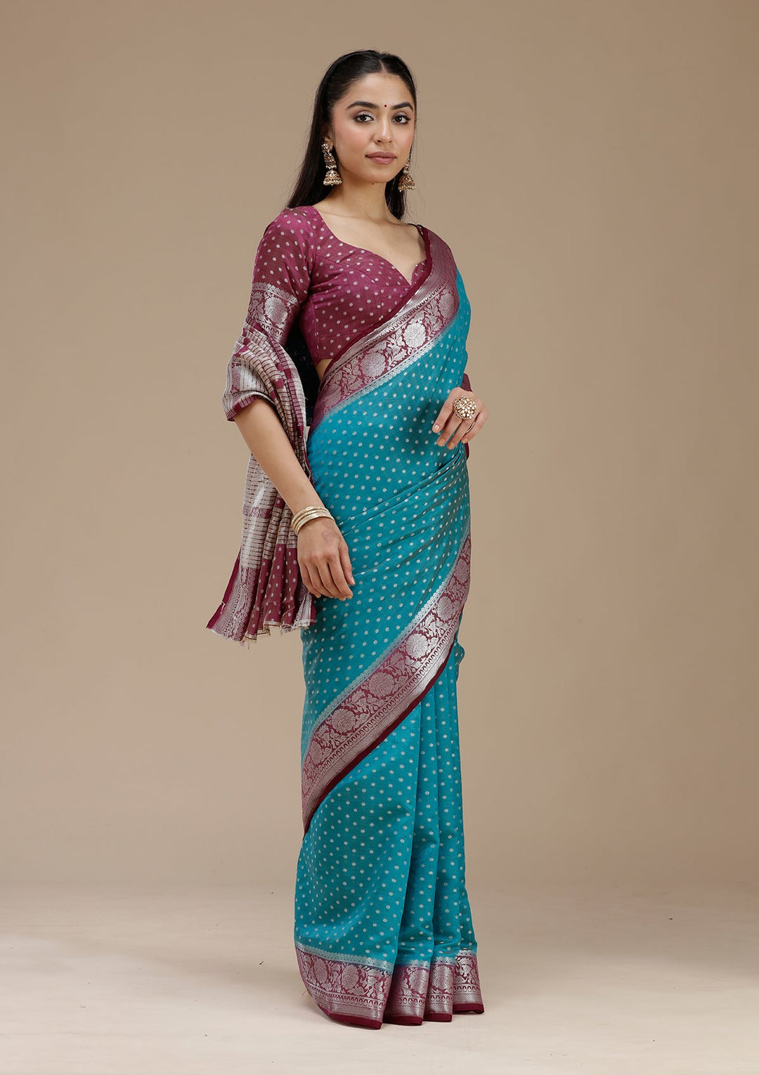 Turquoise Blue Zariwork (Silver) Tussar Silk Saree_koskii