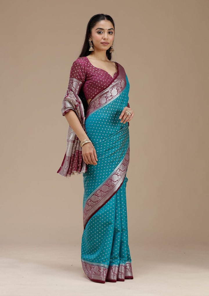 Turquoise Blue Zariwork (Silver) Tussar Silk Saree_koskii
