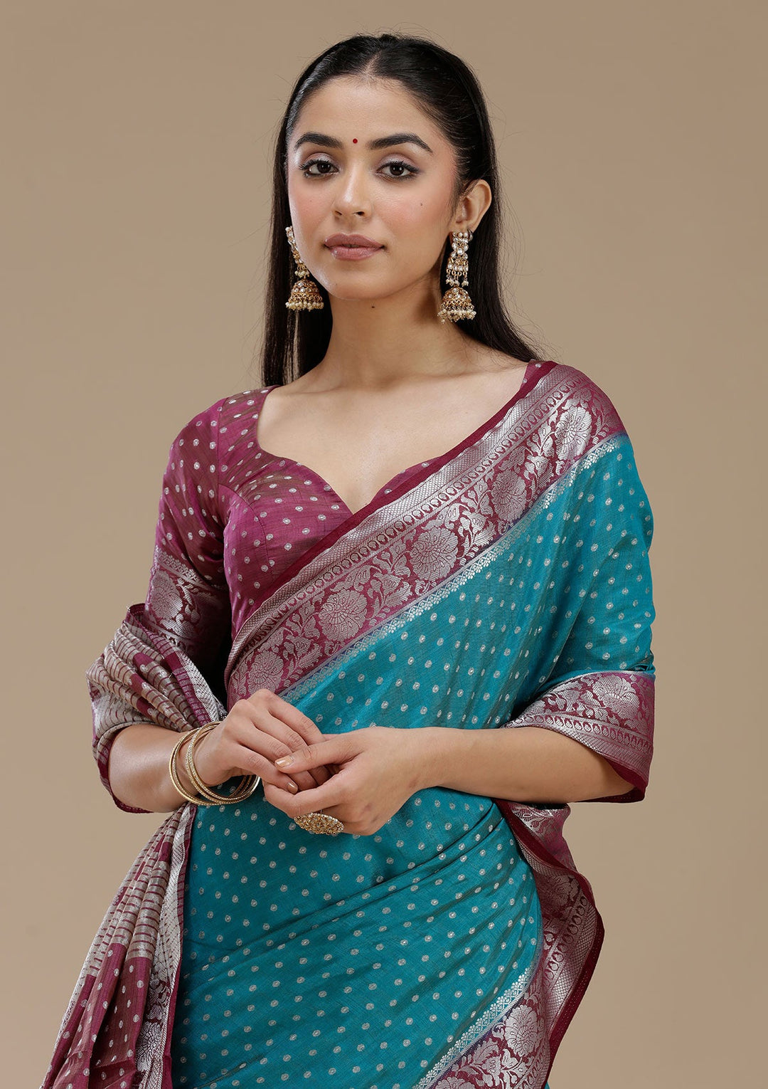 Turquoise Blue Zariwork (Silver) Tussar Silk Saree_koskii