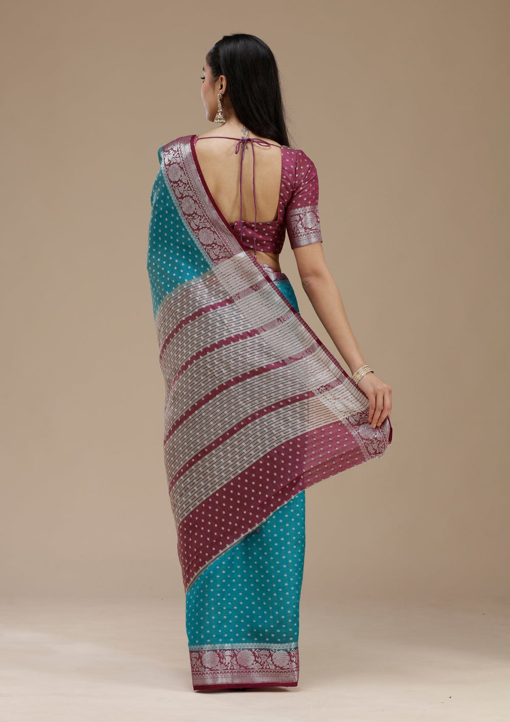 Turquoise Blue Zariwork (Silver) Tussar Silk Saree_koskii