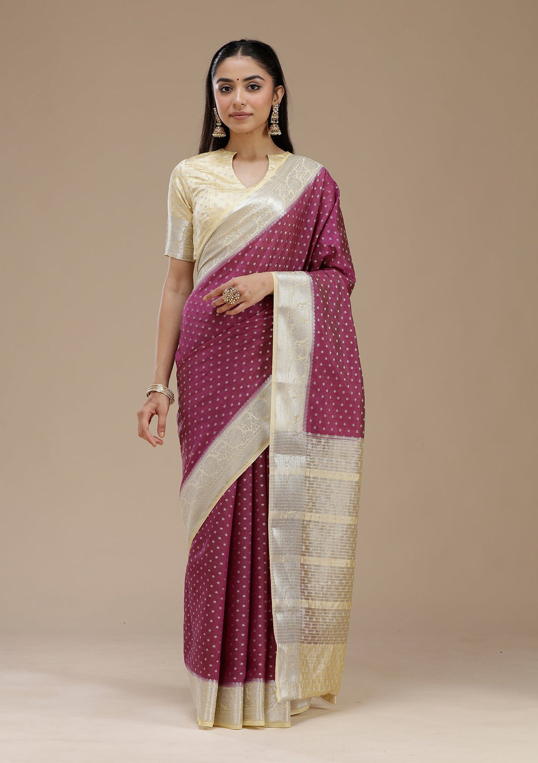 Wine Zariwork (Silver) Tussar Silk Saree_koskii