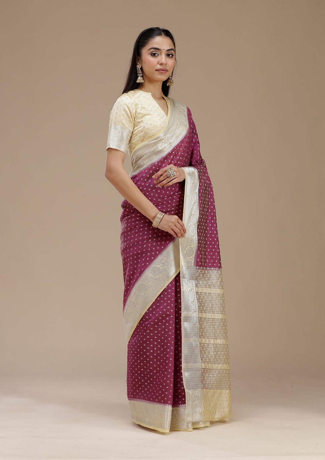 Wine Zariwork (Silver) Tussar Silk Saree_koskii