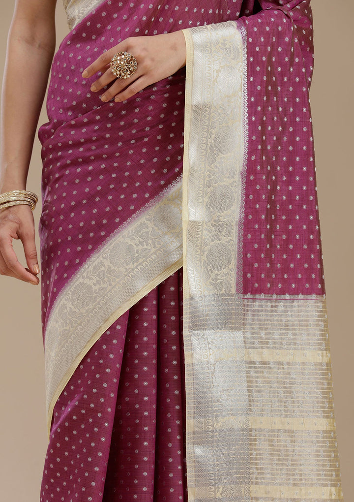 Wine Zariwork (Silver) Tussar Silk Saree_koskii