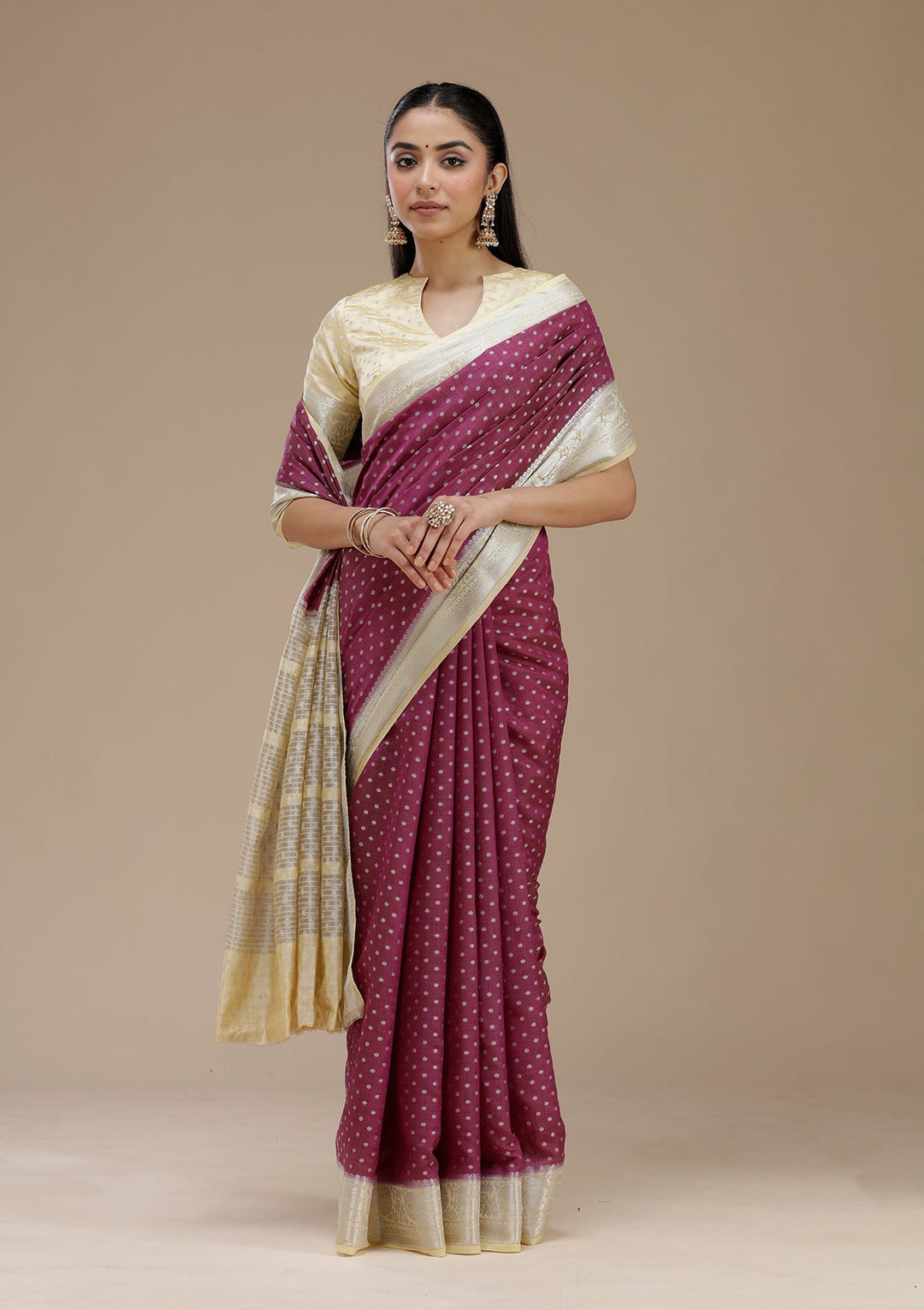 Wine Zariwork (Silver) Tussar Silk Saree_koskii