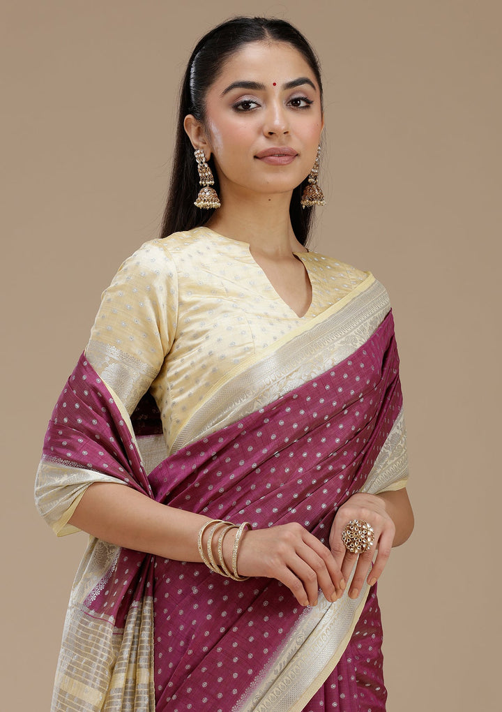 Wine Zariwork (Silver) Tussar Silk Saree_koskii