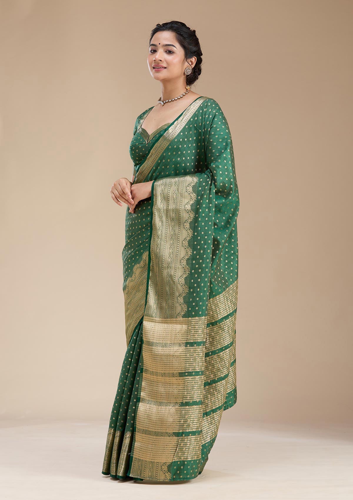 Bottle Green Zariwork (Gold) Tussar Silk Saree-koskii