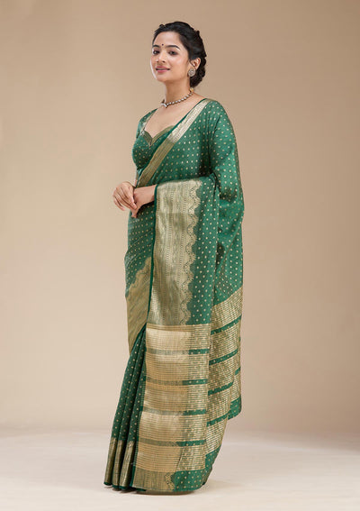 Bottle Green Zariwork (Gold) Tussar Silk Saree-koskii