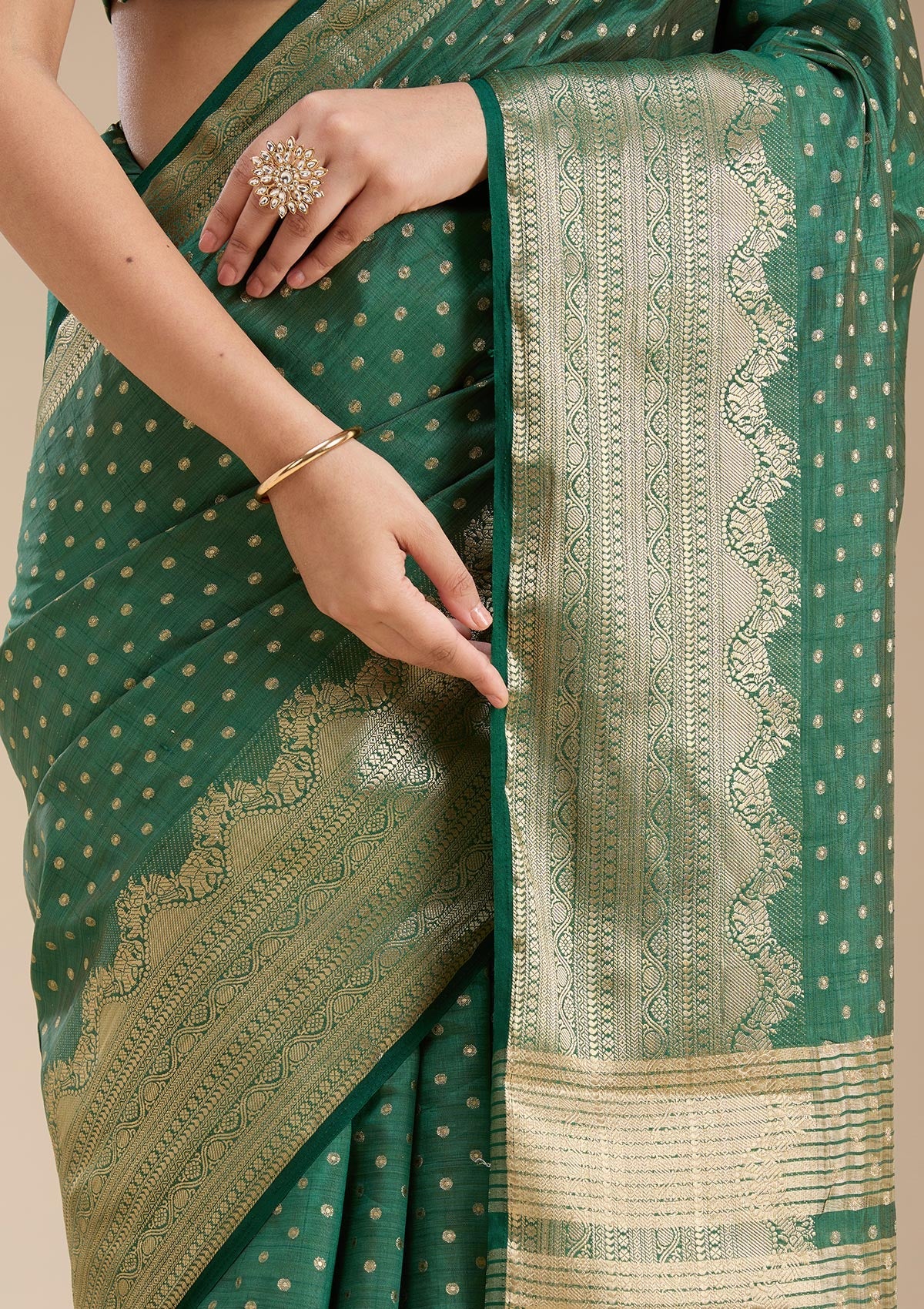 Bottle Green Zariwork (Gold) Tussar Silk Saree-koskii