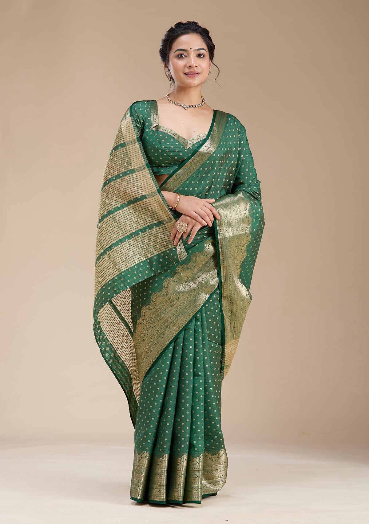 Bottle Green Zariwork (Gold) Tussar Silk Saree-koskii