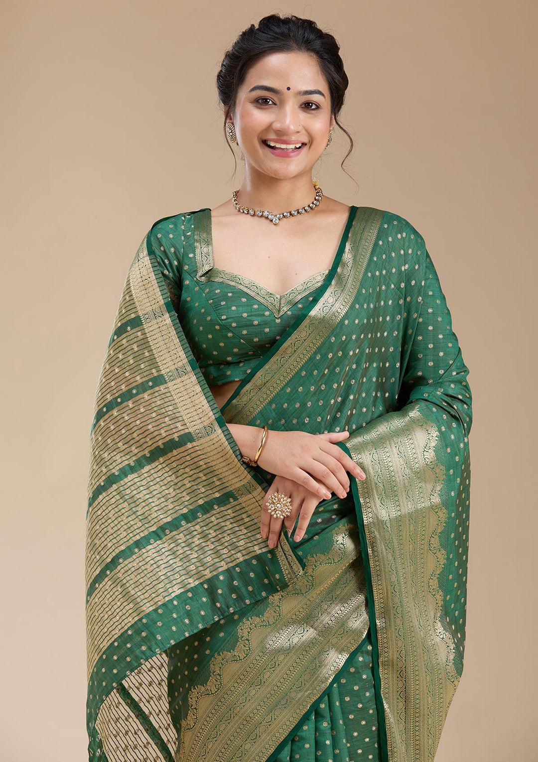Bottle Green Zariwork (Gold) Tussar Silk Saree-koskii