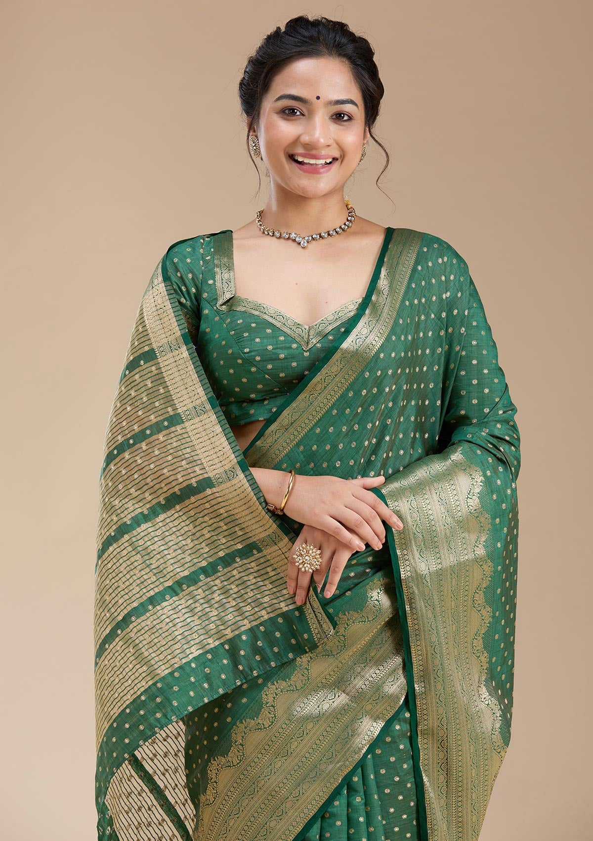 Bottle Green Zariwork (Gold) Tussar Silk Saree-koskii