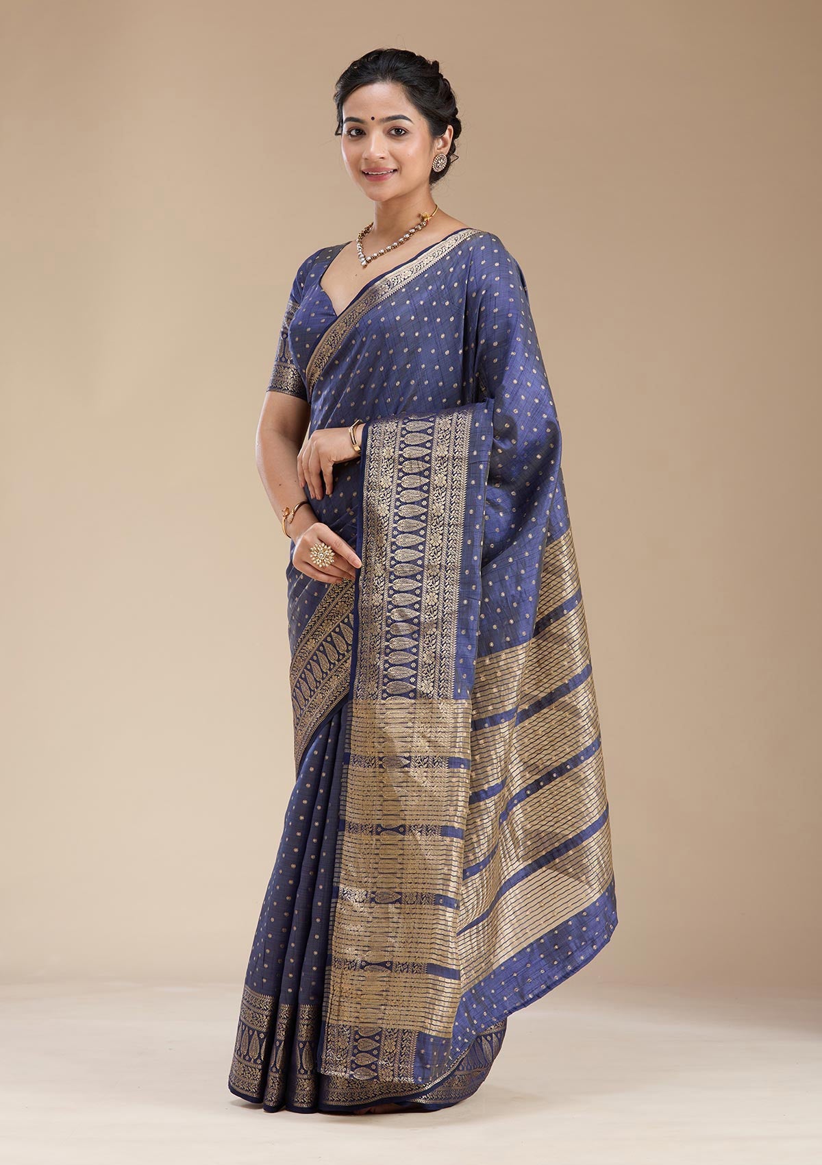 Navy Blue Kanjivaram Silk Saree-koskii