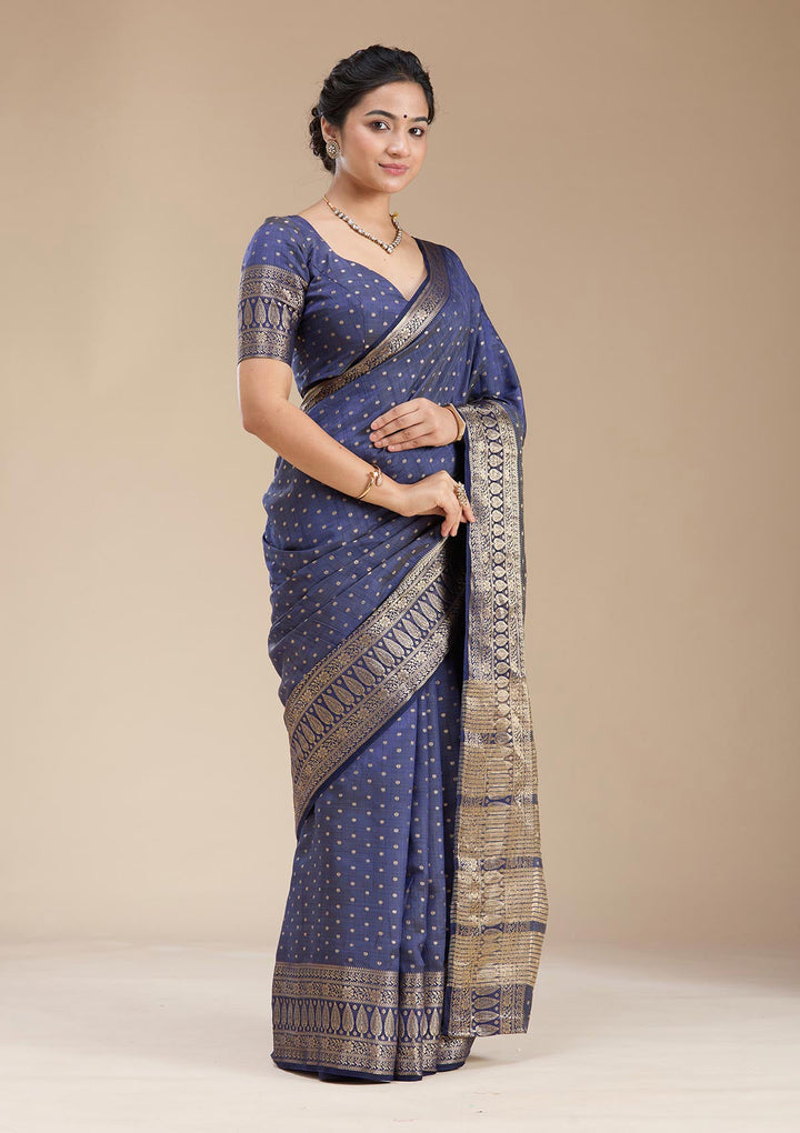 Navy Blue Kanjivaram Silk Saree-koskii