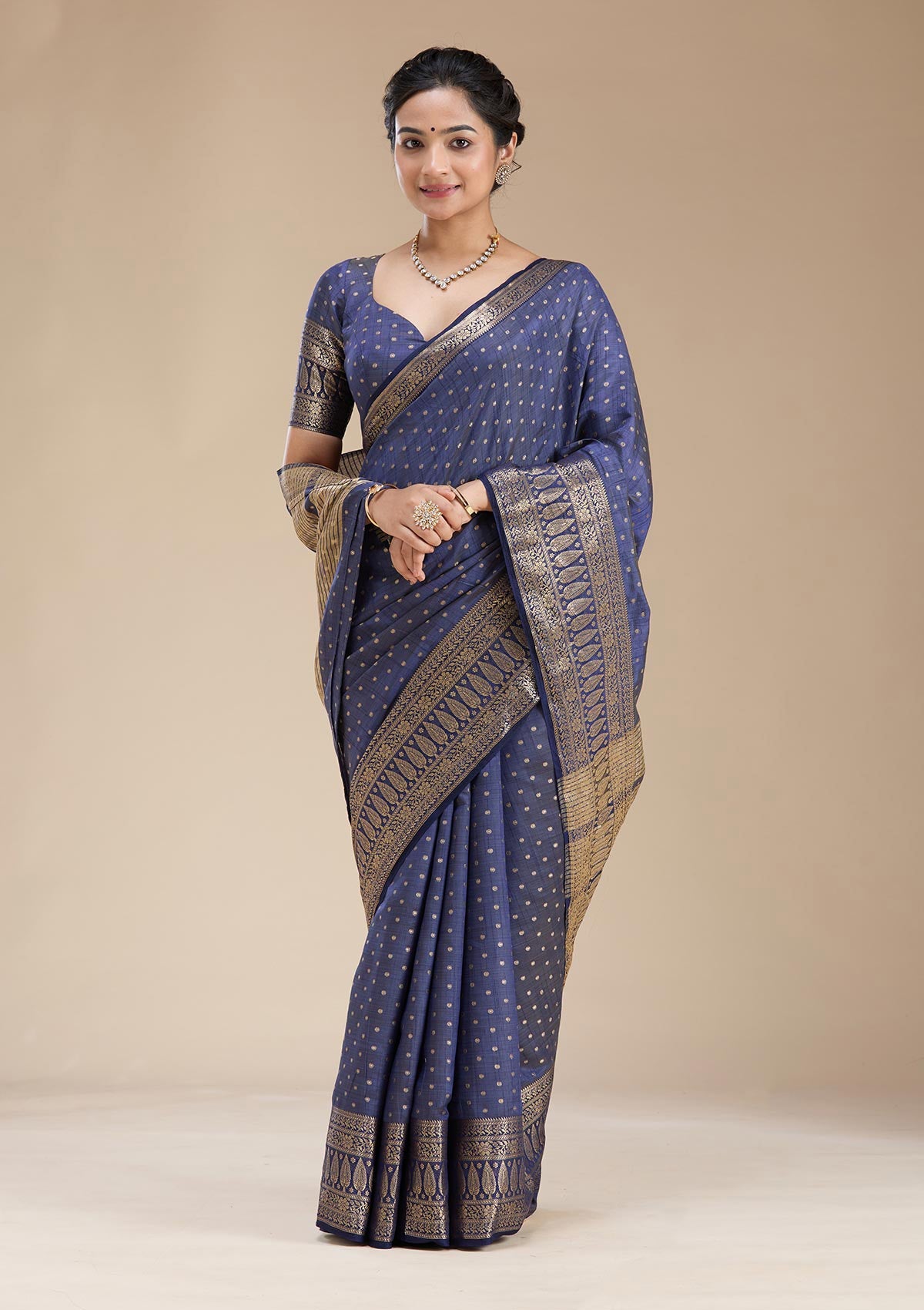 Navy Blue Kanjivaram Silk Saree-koskii