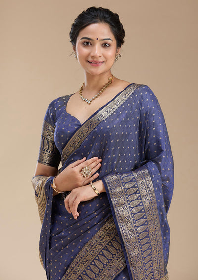 Navy Blue Kanjivaram Silk Saree-koskii
