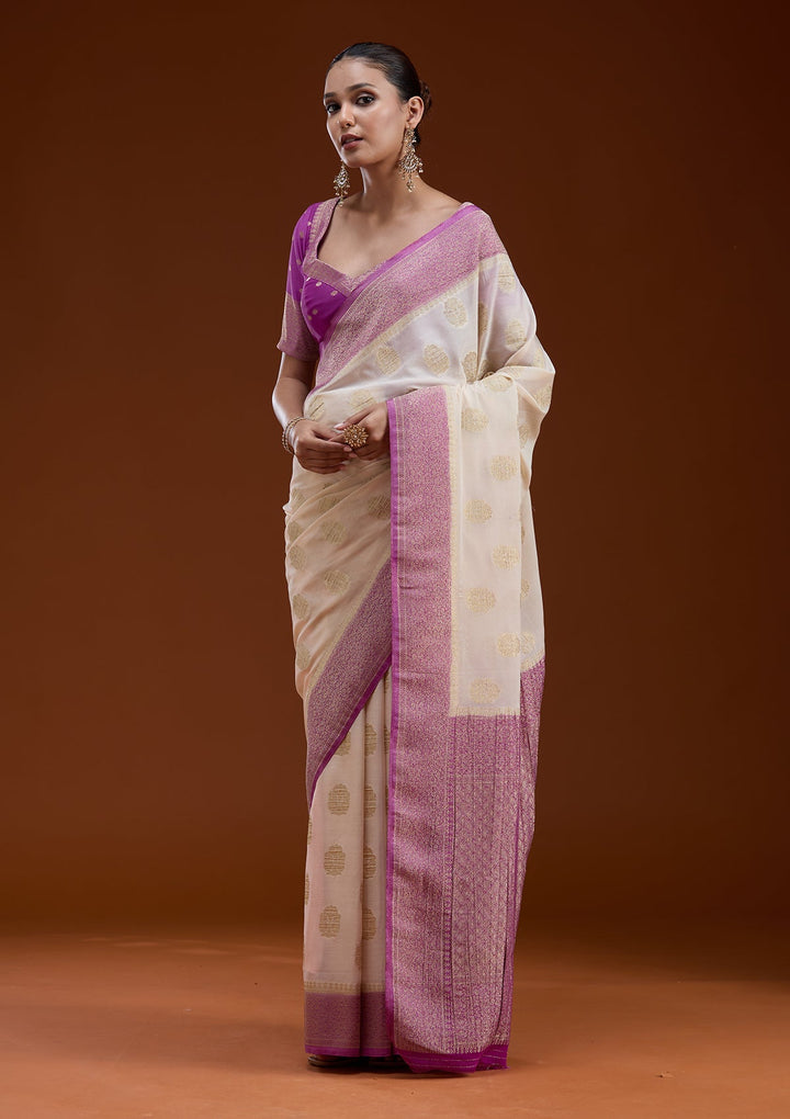 Off White Zariwork (Gold) Georgette Silk_Saree-koskii