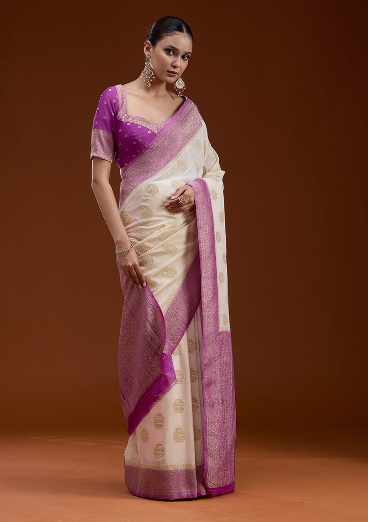 Off White Zariwork (Gold) Georgette Silk_Saree-koskii