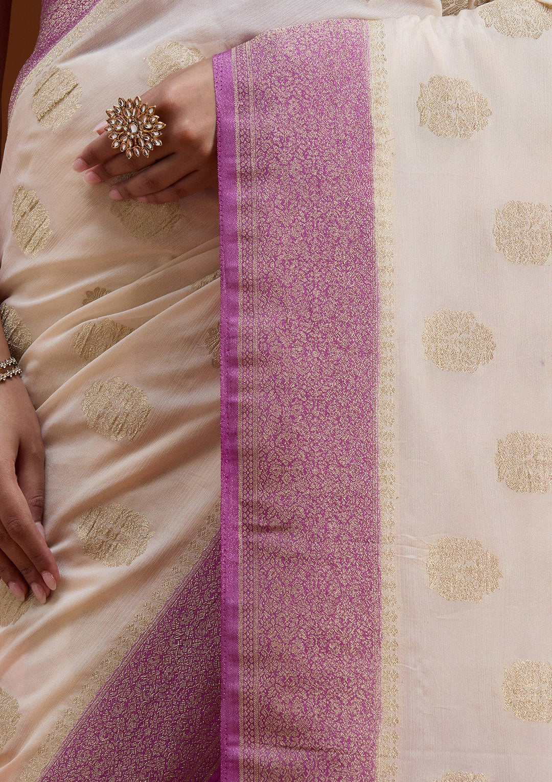 Off White Zariwork (Gold) Georgette Silk_Saree-koskii