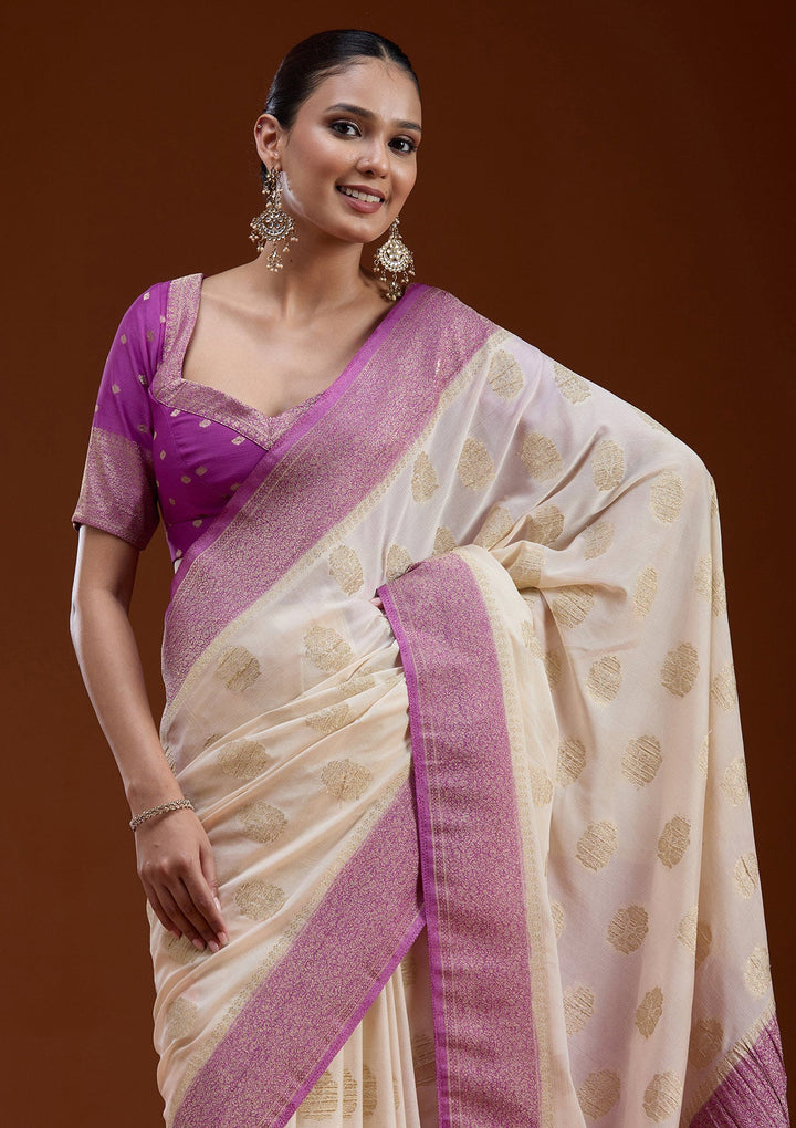 Off White Zariwork (Gold) Georgette Silk_Saree-koskii