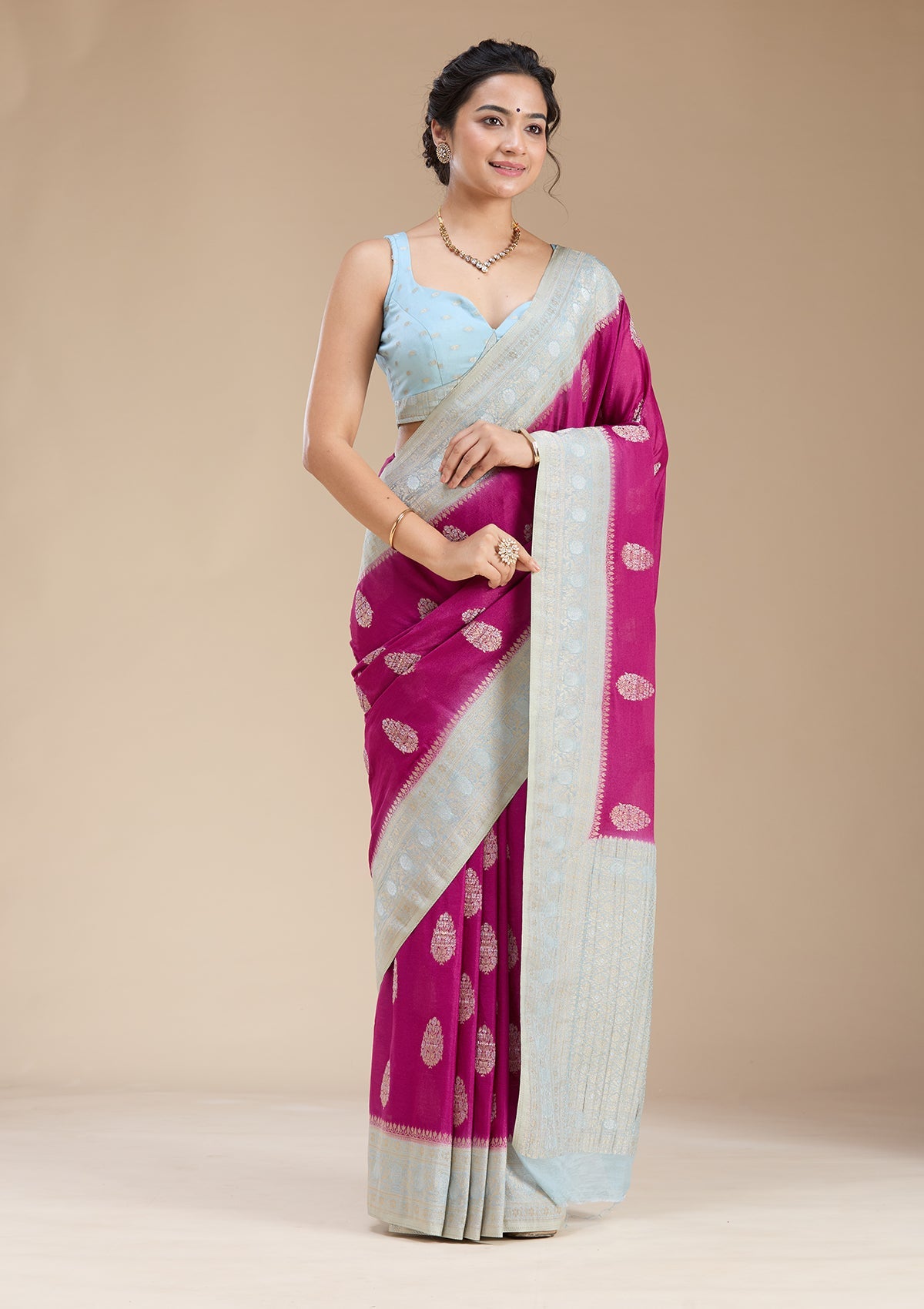 Magenta Pink Zariwork (Gold) Georgette Silk Saree-koskii