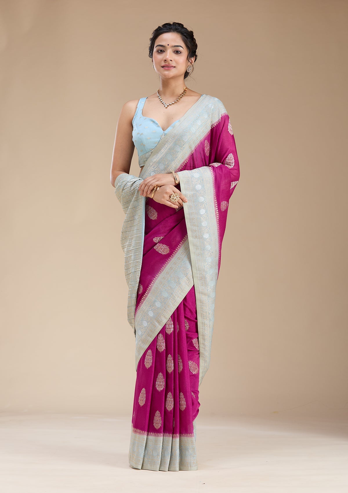Magenta Pink Zariwork (Gold) Georgette Silk Saree-koskii