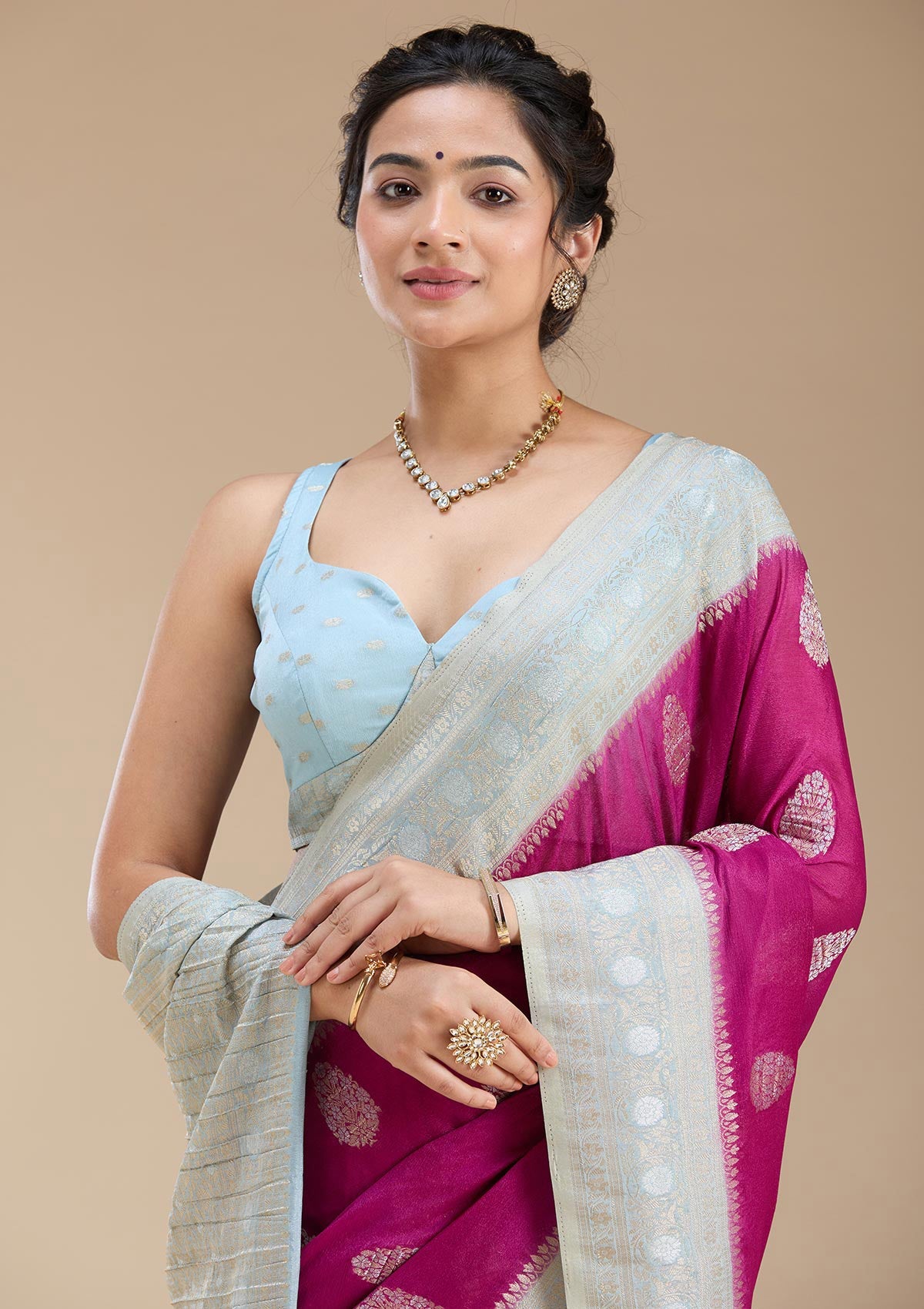 Magenta Pink Zariwork (Gold) Georgette Silk Saree-koskii
