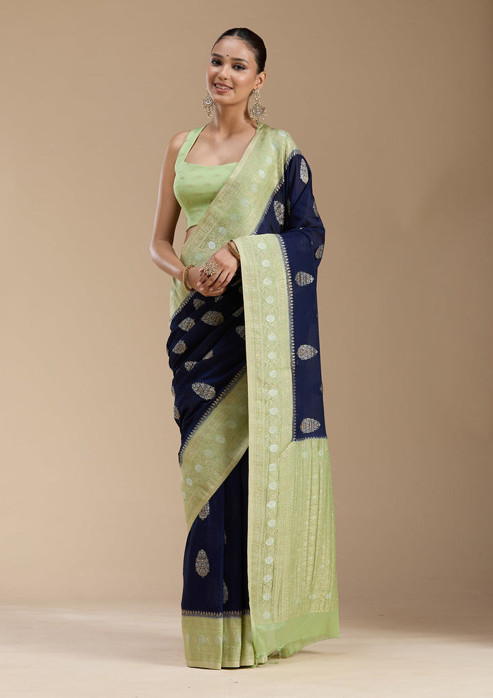 Navy Blue Zariwork (Gold) Georgette Silk_Saree-koskii