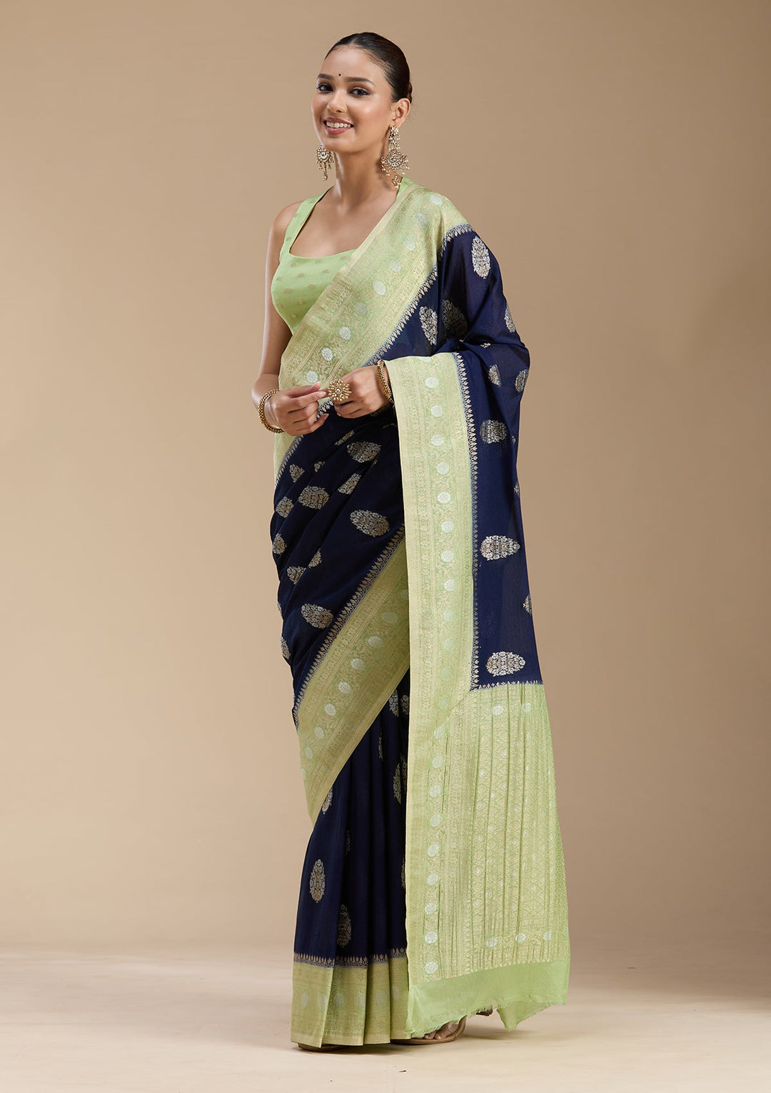 Navy Blue Zariwork (Gold) Georgette Silk_Saree-koskii