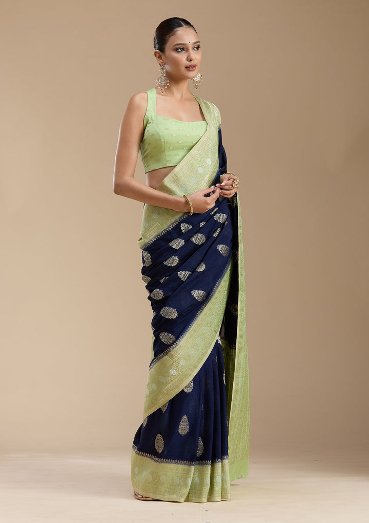 Navy Blue Zariwork (Gold) Georgette Silk_Saree-koskii