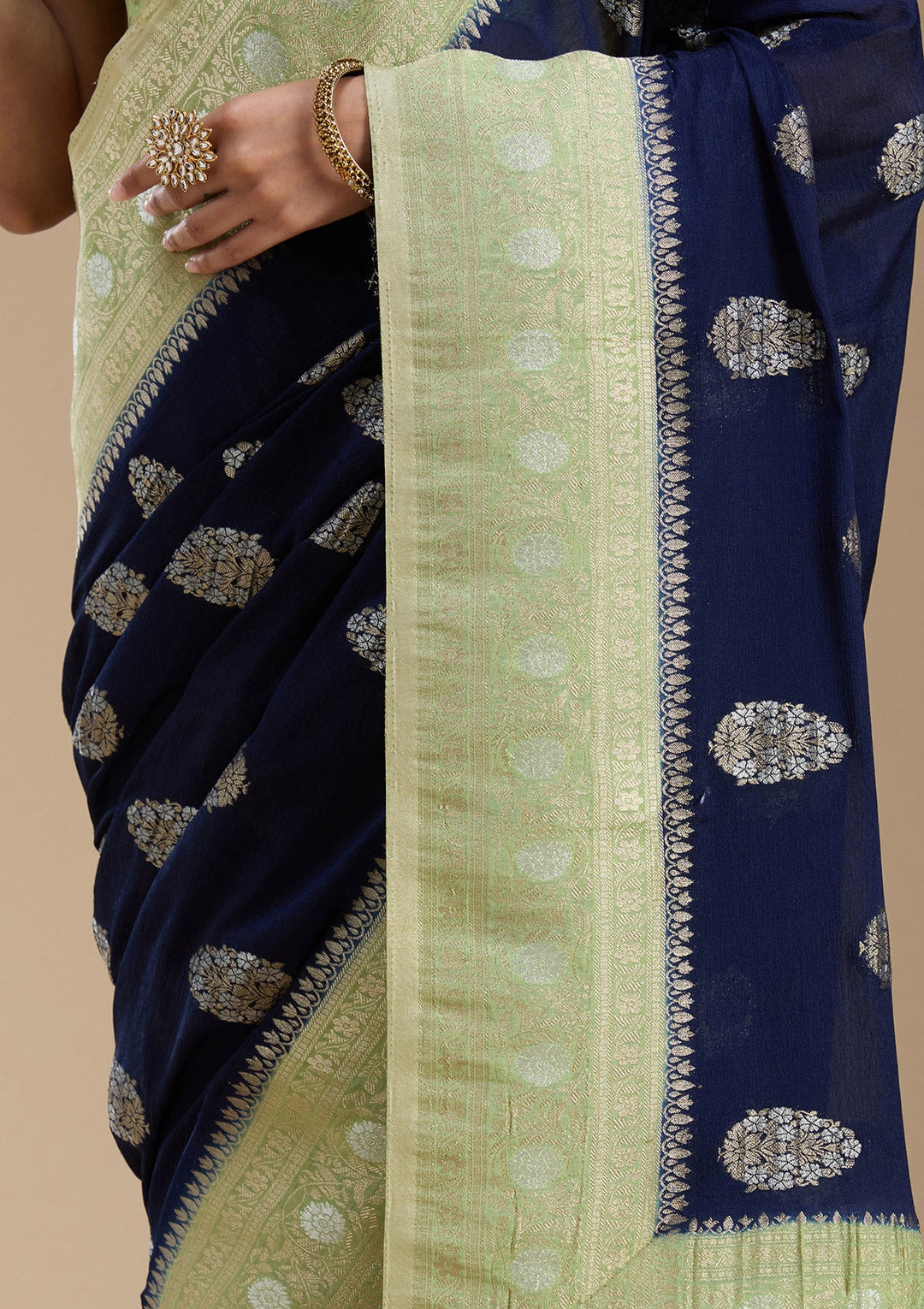 Navy Blue Zariwork (Gold) Georgette Silk_Saree-koskii