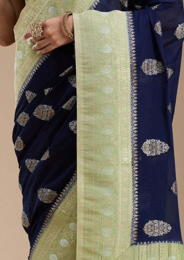 Navy Blue Zariwork (Gold) Georgette Silk_Saree-koskii