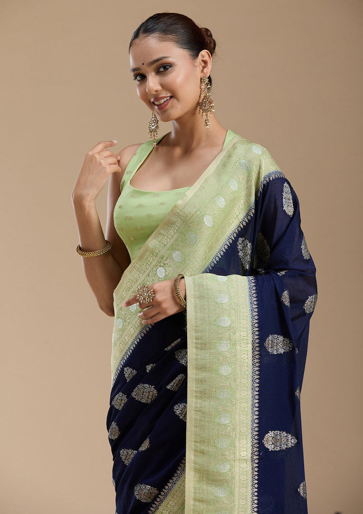 Navy Blue Zariwork (Gold) Georgette Silk_Saree-koskii