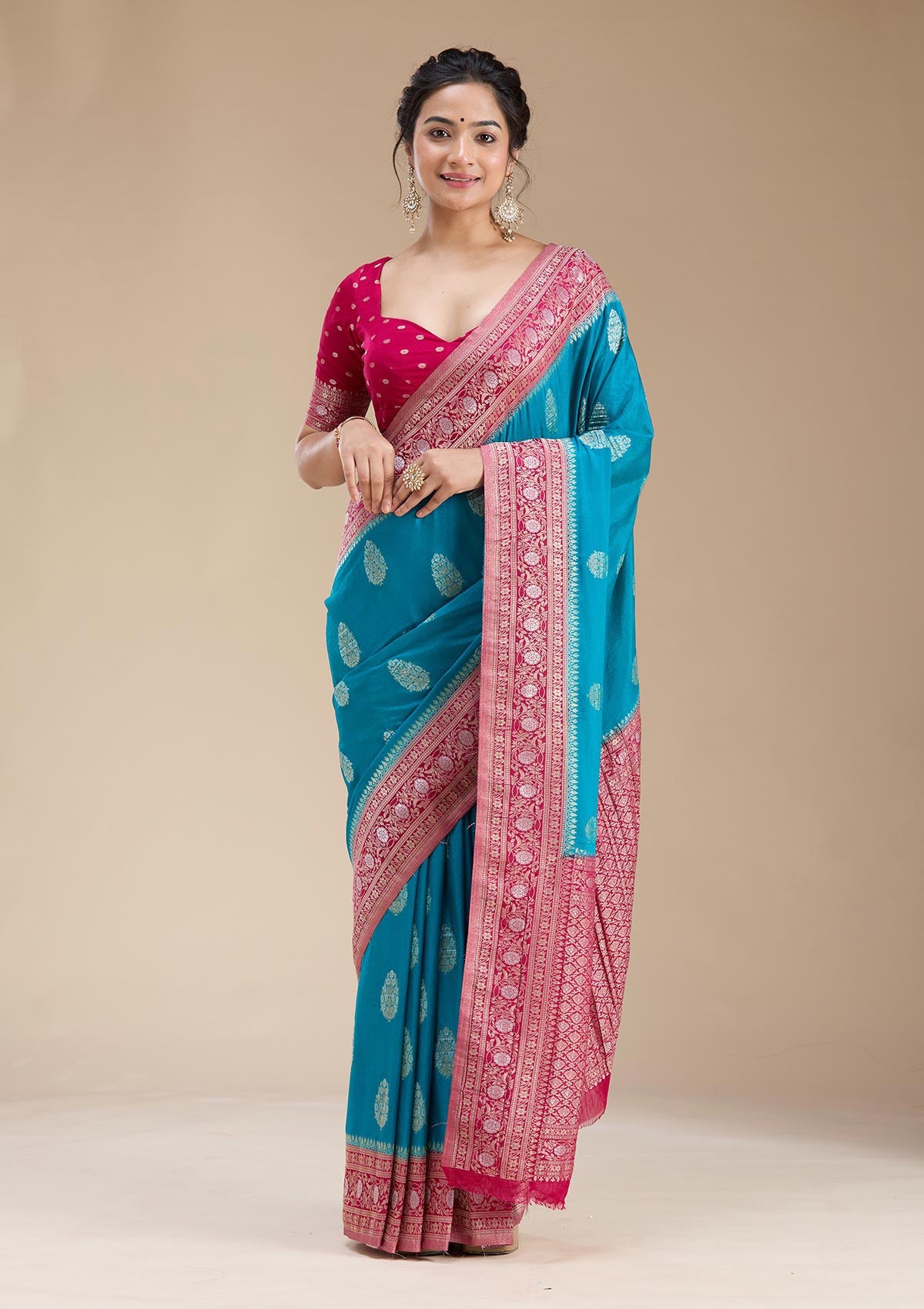 Turquoise Blue Zariwork (Gold) Georgette Silk Saree-koskii