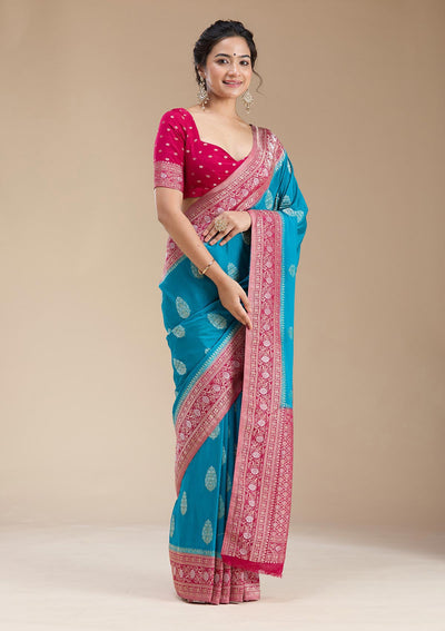 Turquoise Blue Zariwork (Gold) Georgette Silk Saree-koskii