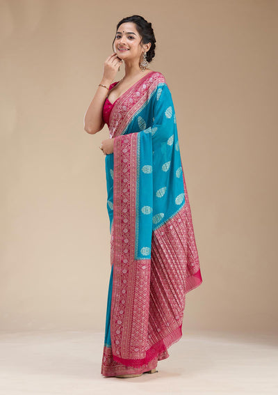 Turquoise Blue Zariwork (Gold) Georgette Silk Saree-koskii