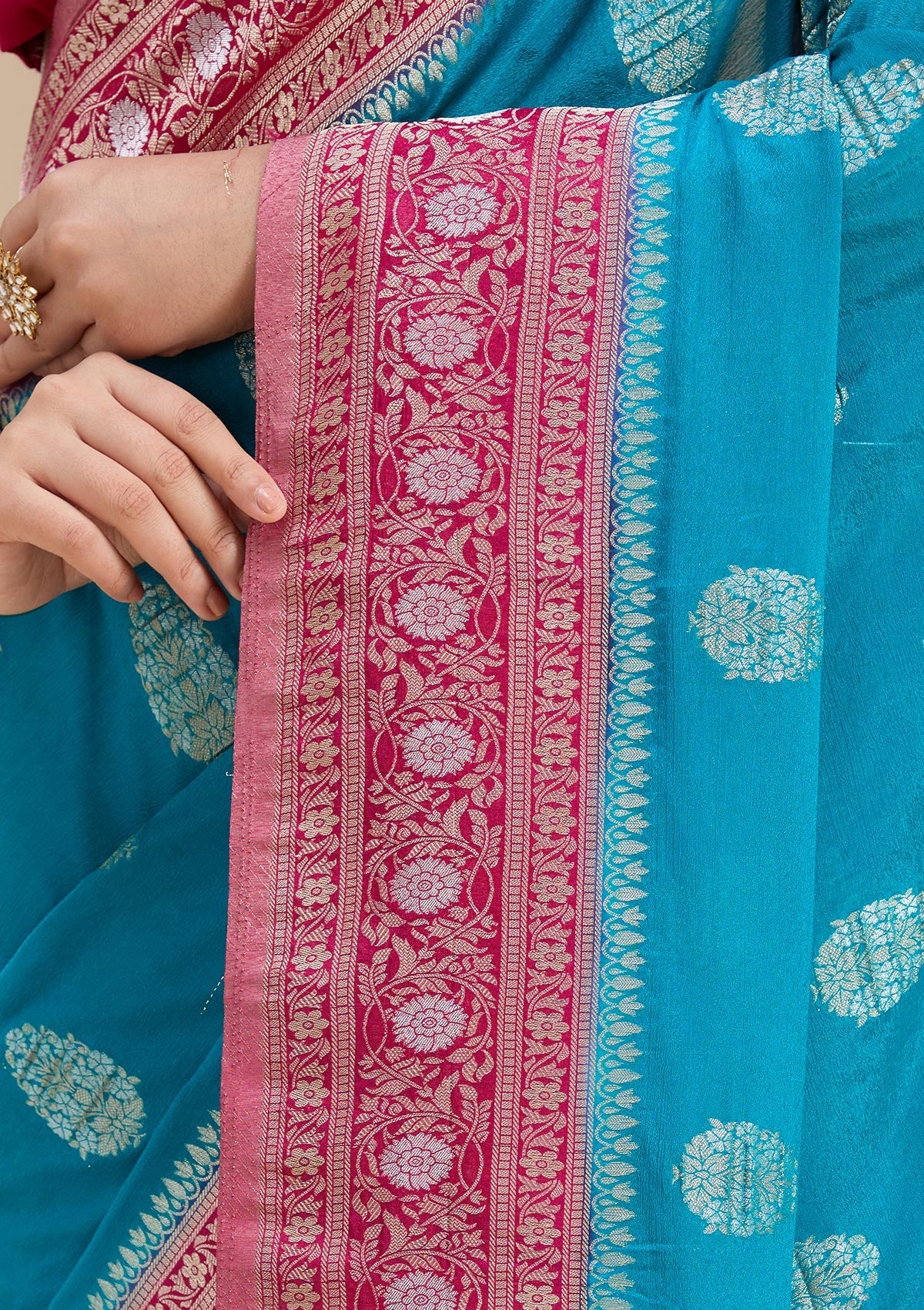 Turquoise Blue Zariwork (Gold) Georgette Silk Saree-koskii