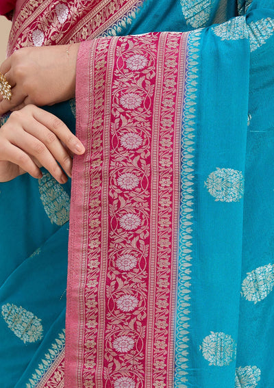 Turquoise Blue Zariwork (Gold) Georgette Silk Saree-koskii