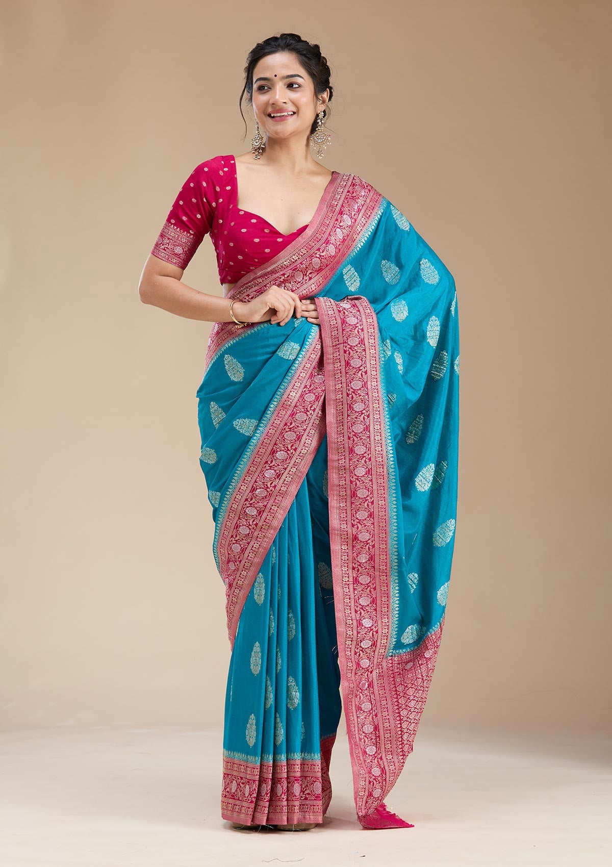 Turquoise Blue Zariwork (Gold) Georgette Silk Saree-koskii