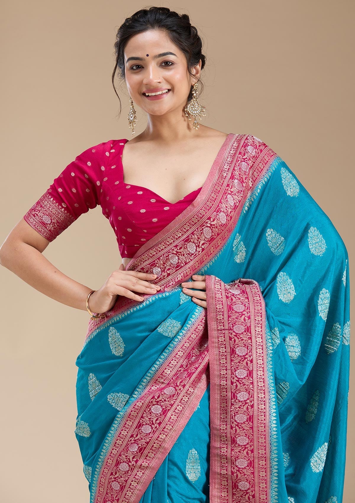 Turquoise Blue Zariwork (Gold) Georgette Silk Saree-koskii