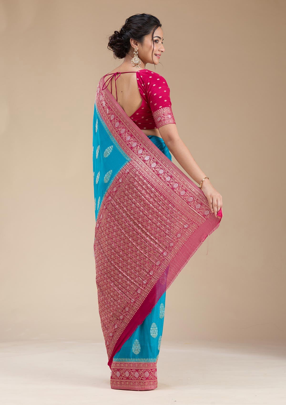 Turquoise Blue Zariwork (Gold) Georgette Silk Saree-koskii