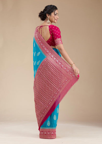Turquoise Blue Zariwork (Gold) Georgette Silk Saree-koskii