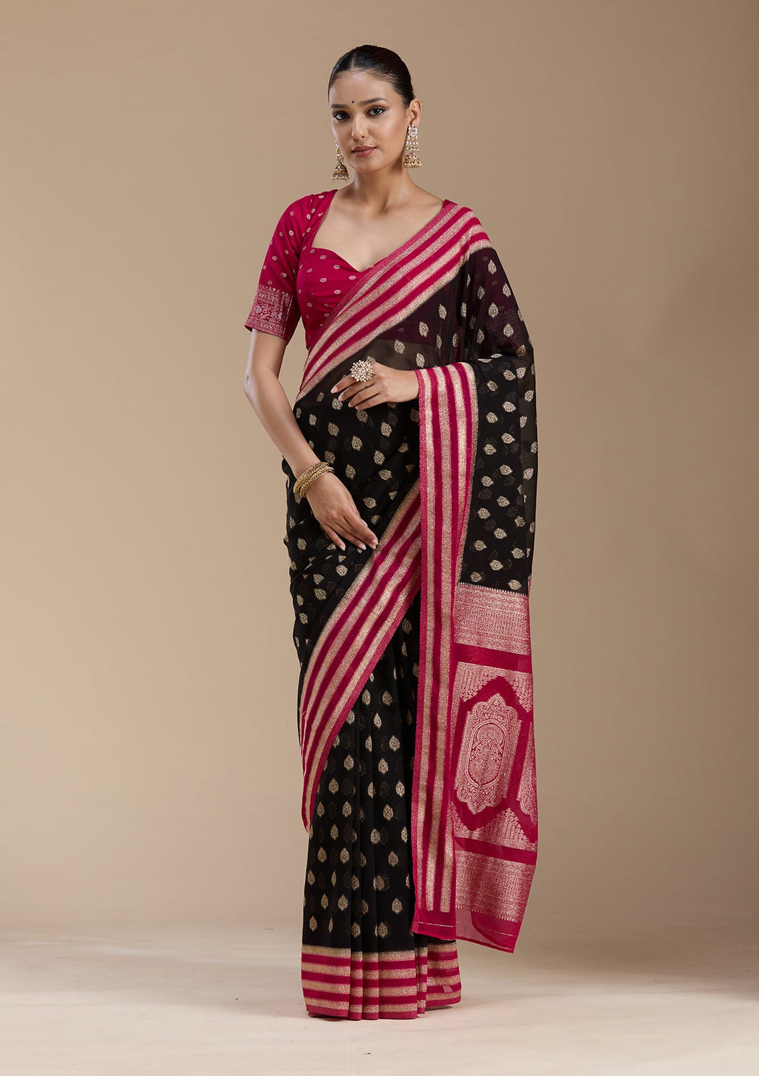 Black Zariwork (Gold) Georgette Silk_Saree-koskii