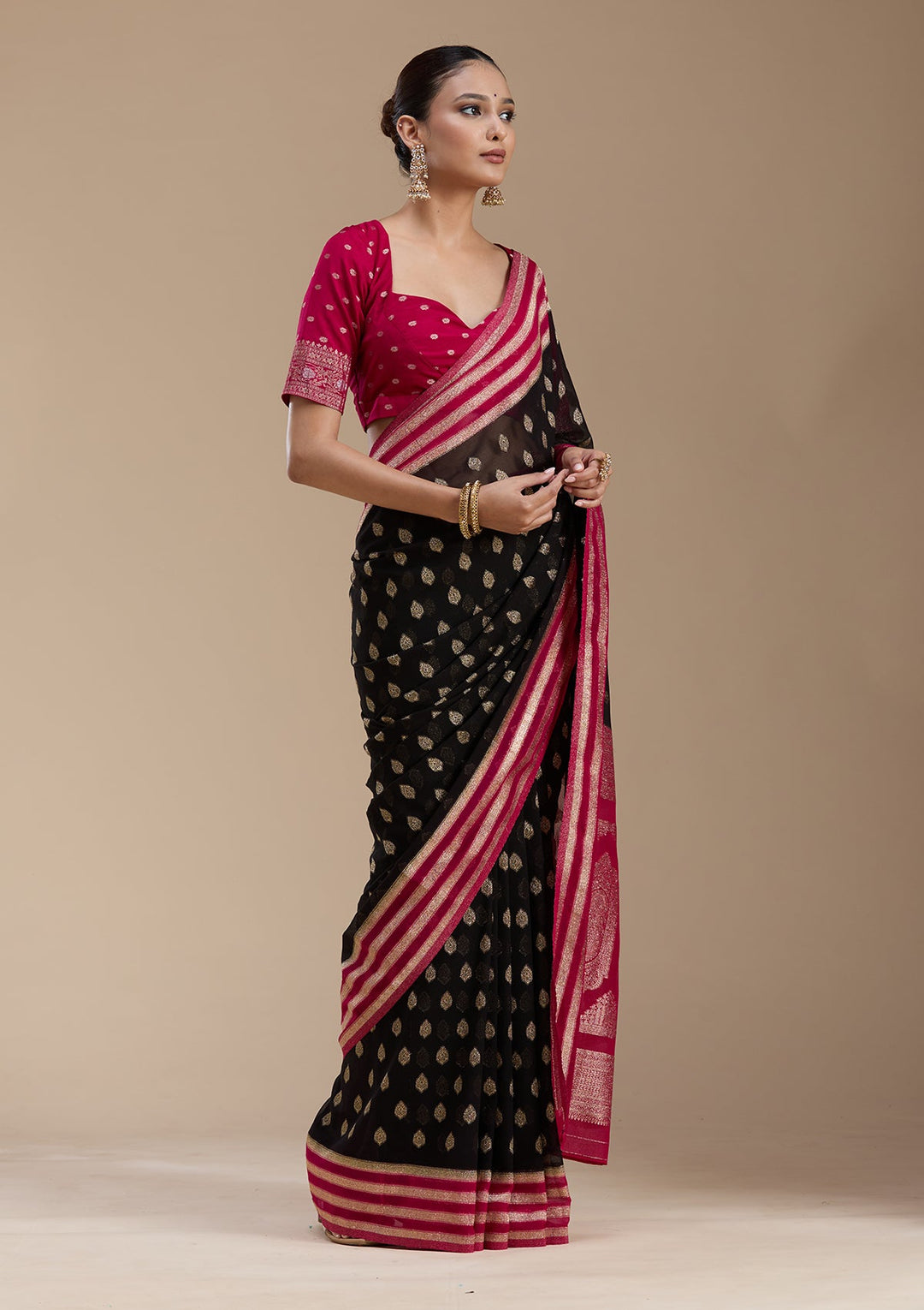 Black Zariwork (Gold) Georgette Silk_Saree-koskii