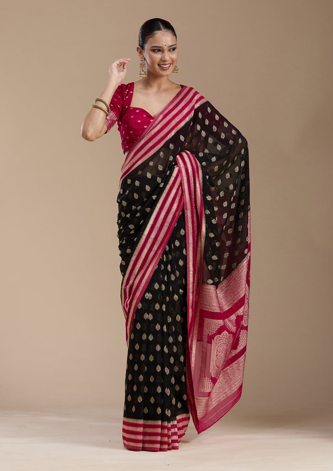 Black Zariwork (Gold) Georgette Silk_Saree-koskii