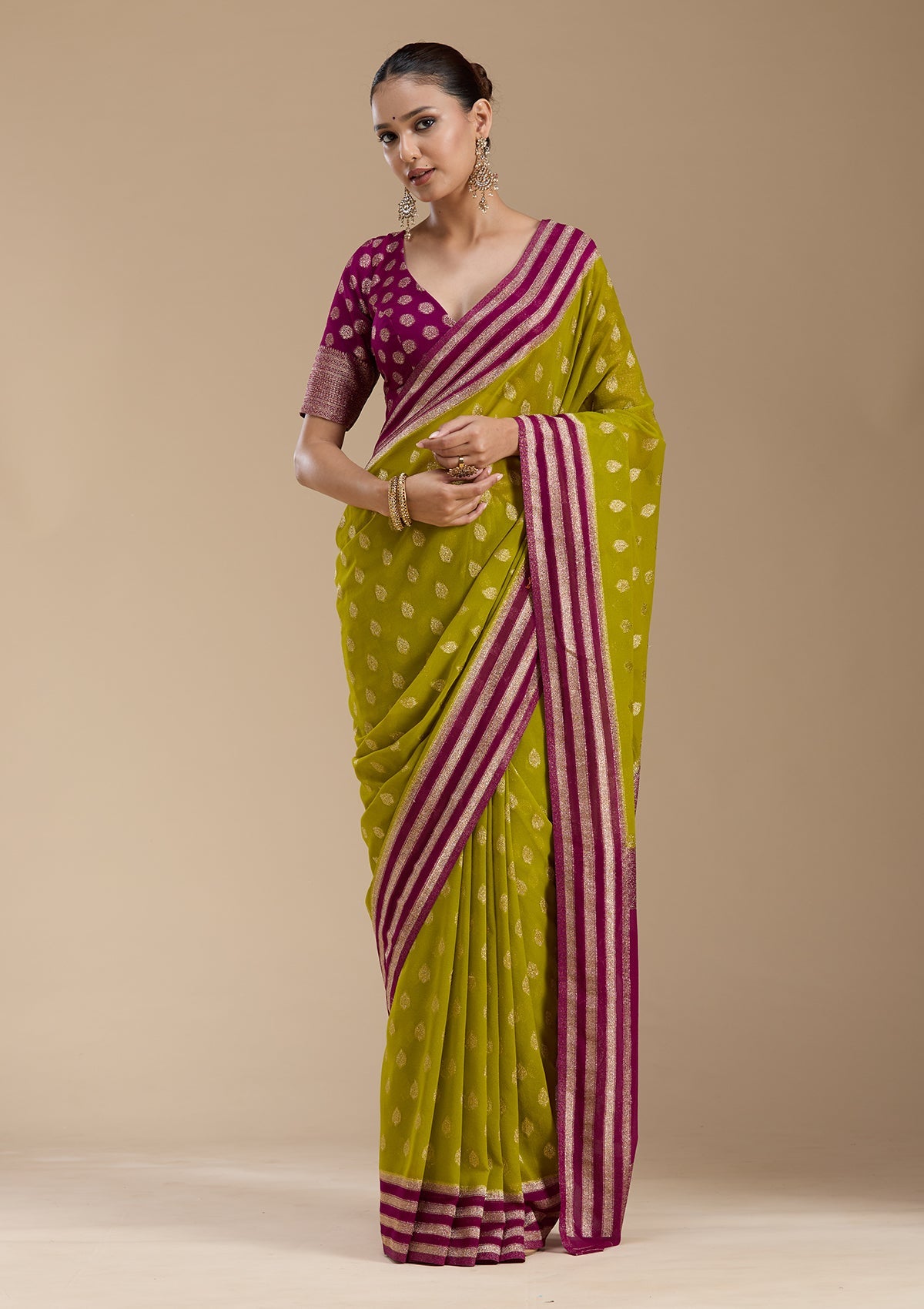 Parrot Green Zariwork (Gold) Georgette Silk_Saree-koskii