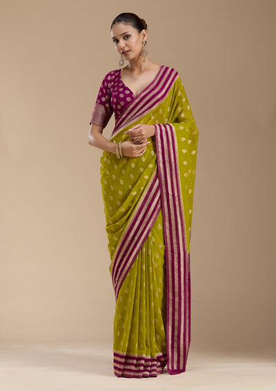 Parrot Green Zariwork (Gold) Georgette Silk_Saree-koskii